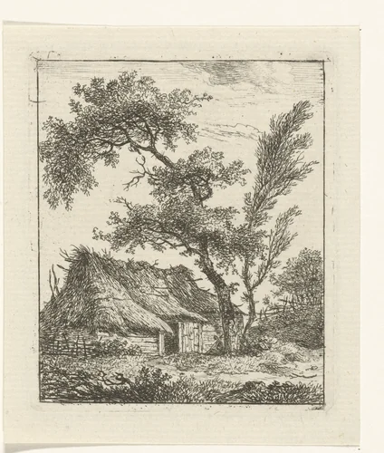 Boerderij met rieten dak en twee bomen by Hermanus Fock, print, 1781-1822