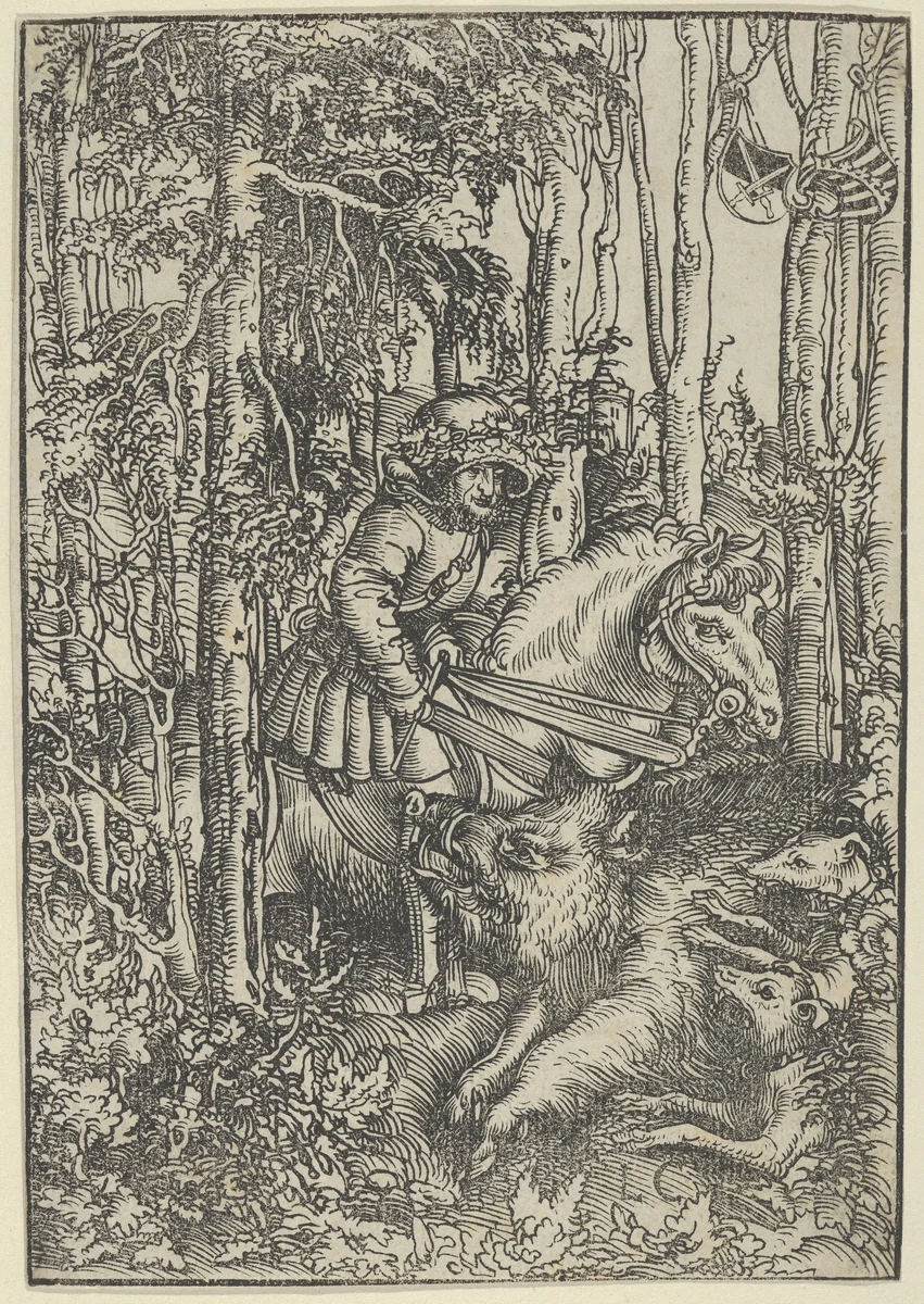 Hunter on Horseback Hunting a Wild Boar by Lucas Cranach, print, 1472-1553