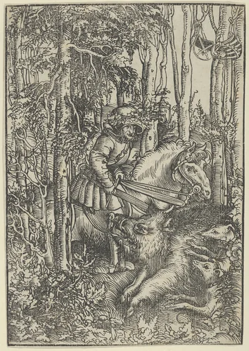 Hunter on Horseback Hunting a Wild Boar by Lucas Cranach, print, 1472-1553