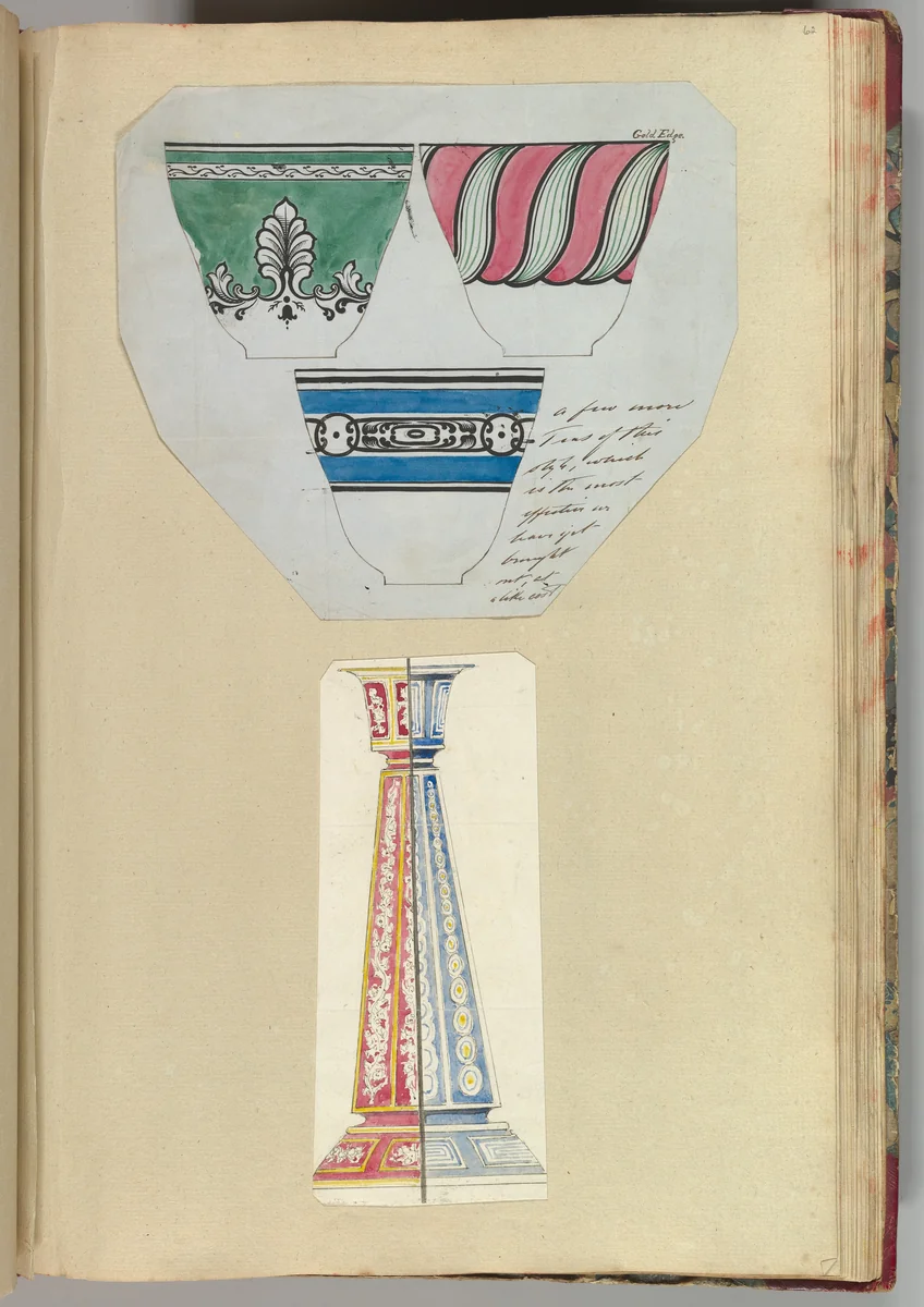 Three Designs for Decorated Cups and Two Designs for a Candlestick by Alfred Forrester, drawing, 1845-1855
