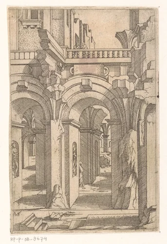 Ruïnes met twee figuren leunend over een balustrade by Unknown, print, 1550-1562