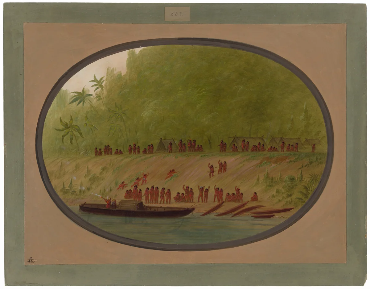 A Small Orejona Village by George Catlin, painting, 1854-1869