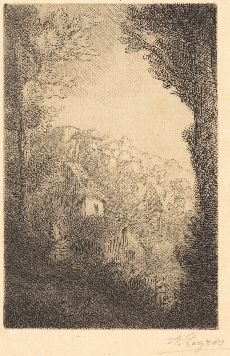 Farm on a Hillside in Sunlight (La ferme du coteau; Effet de soleil sur le coteau) by Alphonse Legros, print, 1837-1911
