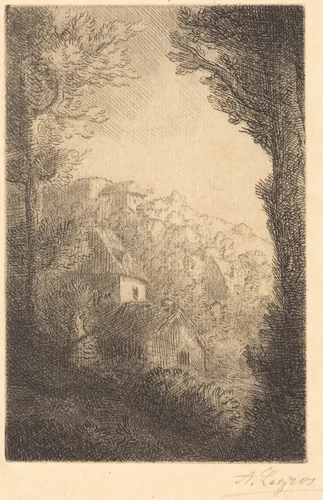 Farm on a Hillside in Sunlight (La ferme du coteau; Effet de soleil sur le coteau) by Alphonse Legros, print, 1837-1911