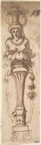 Design for A Female Term Carrying a Vase (recto); Sketch of Draped Male (verso) by anonymous, drawing, 1600-1699