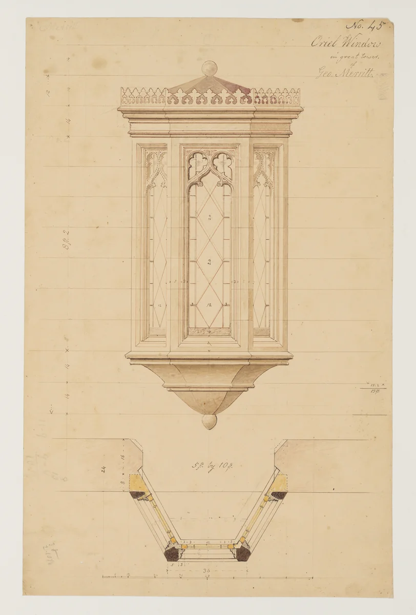Technical Drawing with the Elevation and Plan of an Oriel Window for the Tower of Lyndhurst for George Merritt, Tarrytown, New York by Alexander Jackson Davis, drawing, 1859-1869