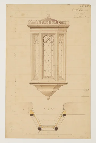 Technical Drawing with the Elevation and Plan of an Oriel Window for the Tower of Lyndhurst for George Merritt, Tarrytown, New York by Alexander Jackson Davis, drawing, 1859-1869