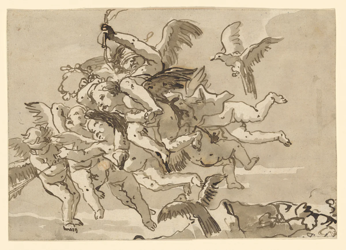 Cupid Blindfolded, Carried Through the Sky by Seven Winged Putti by Giovanni Domenico Tiepolo, drawing, 1767-1793