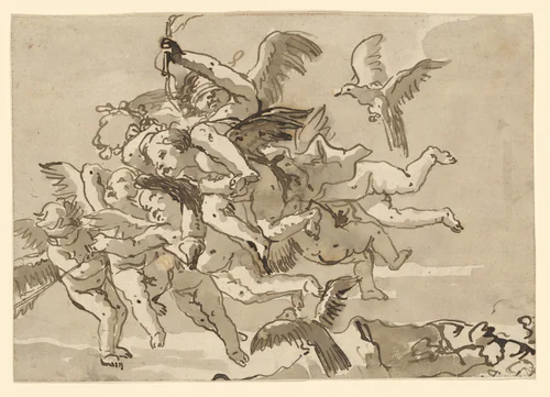 Cupid Blindfolded, Carried Through the Sky by Seven Winged Putti by Giovanni Domenico Tiepolo, drawing, 1767-1793