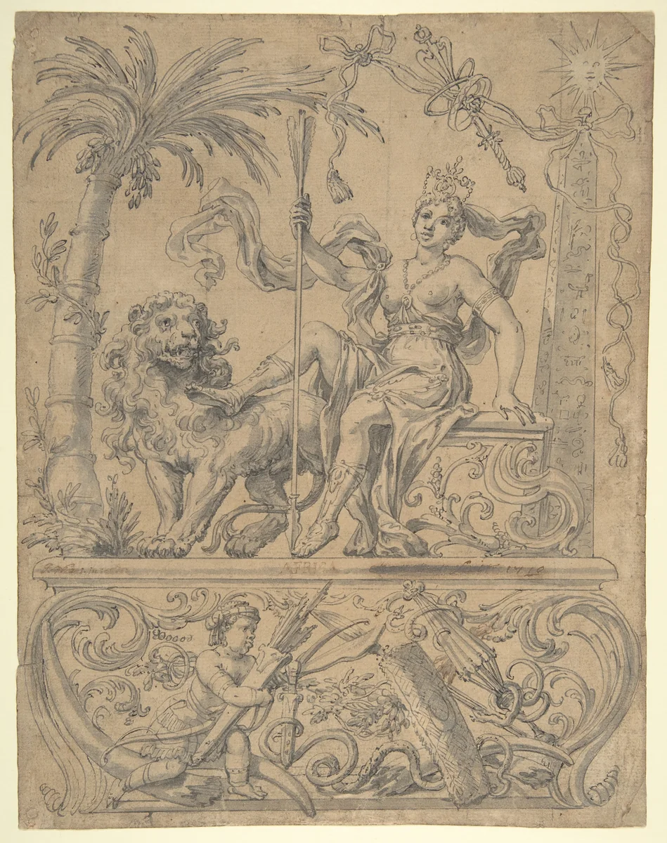 Allegory of Africa, from the Four Continents by Godfried Maes, drawing, 1660-1700