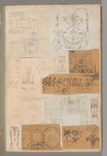 Page from a Scrapbook containing Drawings and Several Prints of Architecture, Interiors, Furniture and Other Objects by Charles Percier, book, 1795-1805