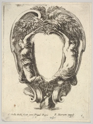 A cartouche supported by a duck below and decorated with two nymphs whose arms become tree branches, plate 6 from "Nouvelles inventions de Cartouches" by Stefano della Bella, print, 1647