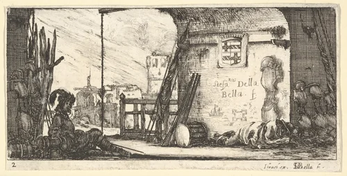 Plate 2: a soldier seated to left beneath an archway, another lying on the ground to right alongside military equipment, from "Troops, cannons, and attacks on towns" (Dessins de quelques conduites de troupes, canons, et ataques de villes) by Stefano della Bella, print, 1635-1645