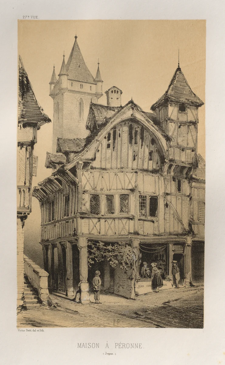 Architecture Pittoresque ou Monuments des xveme. Et xvieme. Siecles: Chateaux De France des XV et XVI Siecles: Pl. 27, Maison A Peronne (Somme) by Victor Petit, print, 1860