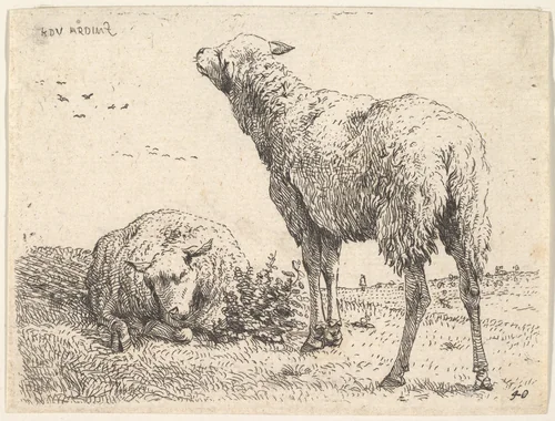 Two sheep, one shown frontally in a reclining position with its legs folded underneath the body, to the right a standing sheep shown from behind in three-quarters view, a grassy field below them and beyond by Karel Dujardin, print, 1650-1660