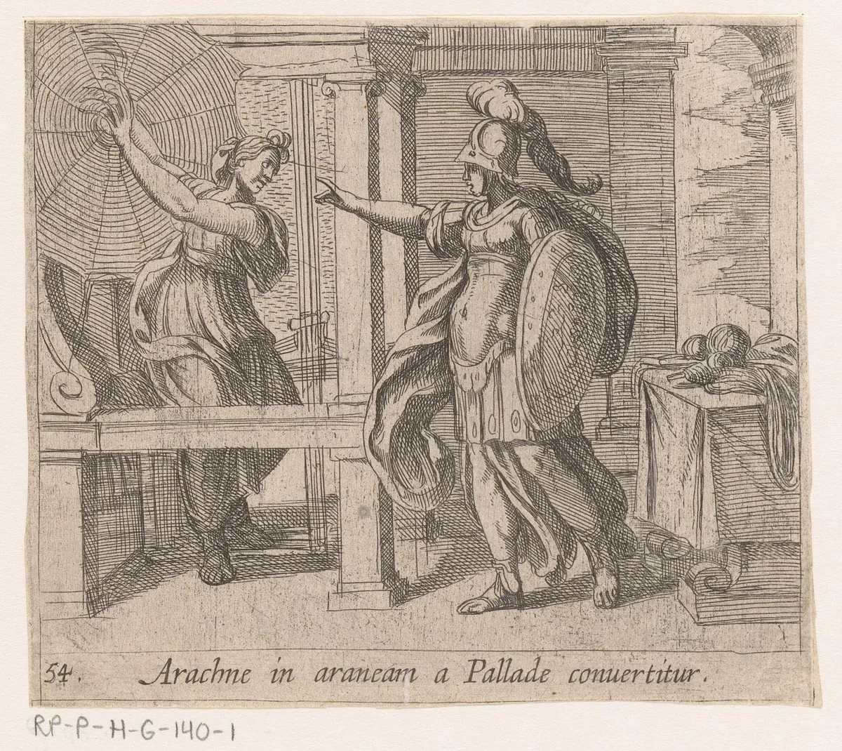 Minerva verandert Arachne in een spin by Antonio Tempesta, print, 1606-1638