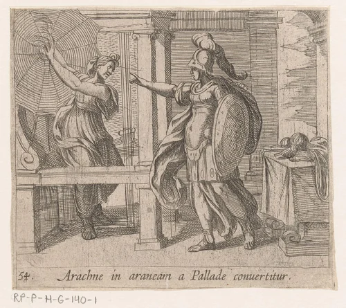 Minerva verandert Arachne in een spin by Antonio Tempesta, print, 1606-1638
