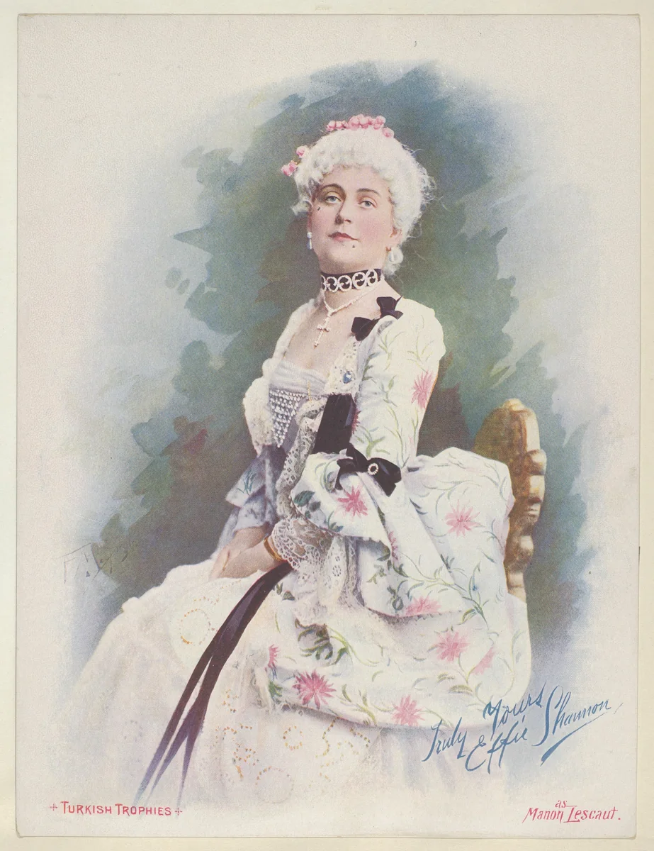 Effie Shannon as Manon Lescaut, from the Actresses series (T1), distributed by the American Tobacco Co. to promote Turkish Trophies Cigarettes by Frederick Moladore Spiegle, print, 1900