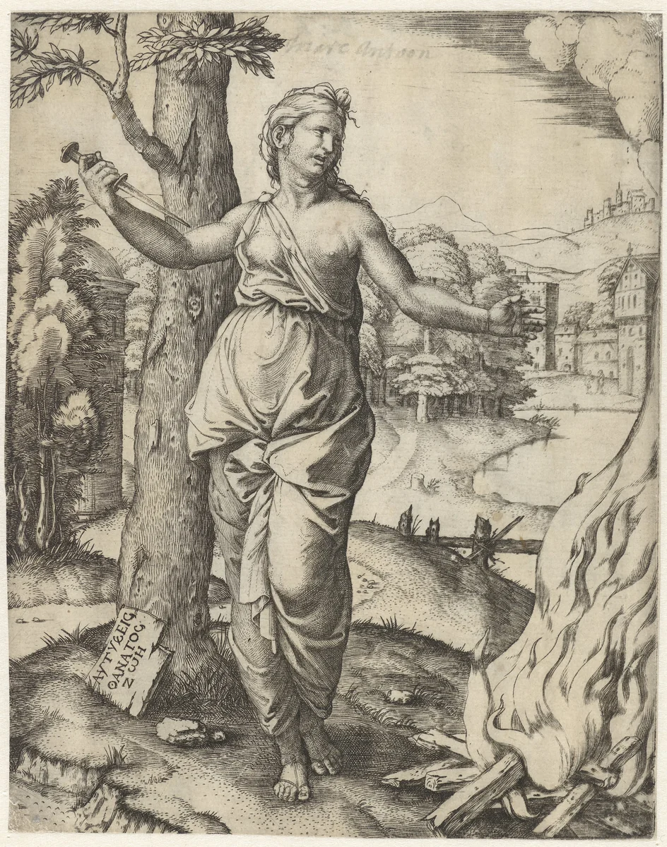 Dido doodt zichzelf met dolk naast brandstapel by Marcantonio Raimondi, print, 1508-1512