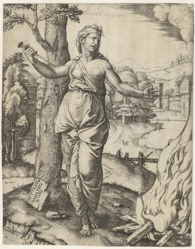 Dido doodt zichzelf met dolk naast brandstapel by Marcantonio Raimondi, print, 1508-1512