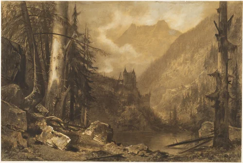 Alpine Castle above a Wooded Lake by Maxime Lalanne, drawing, 1870