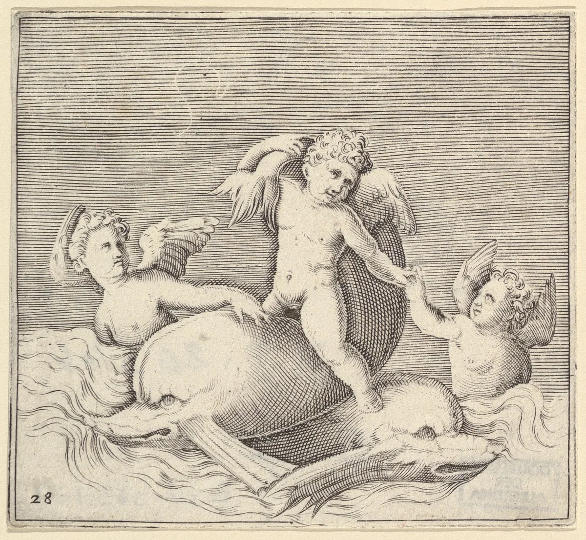 Three Cupids and Two Dolphins, from "Ex Antiquis Cameorum et Gemmae Delineata/ Liber Secundus/et ab Enea Vico Parmen Incis" by anonymous, print, 1599-1622