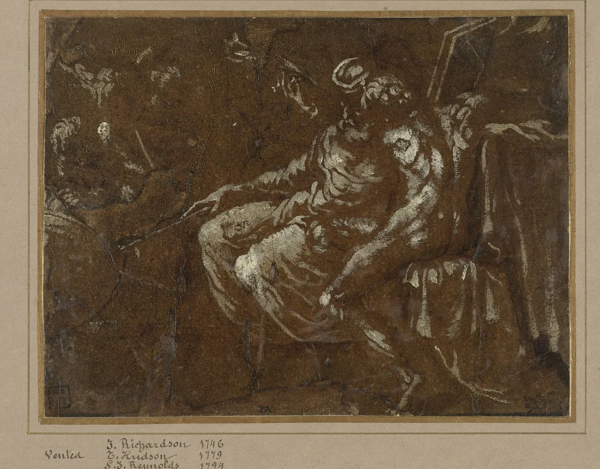 Groep filosofen om een wereldbol (Abraham en Lot verdelen de wereld?) by anonymous, drawing, 1530-1640