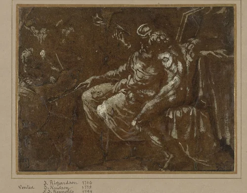 Groep filosofen om een wereldbol (Abraham en Lot verdelen de wereld?) by anonymous, drawing, 1530-1640