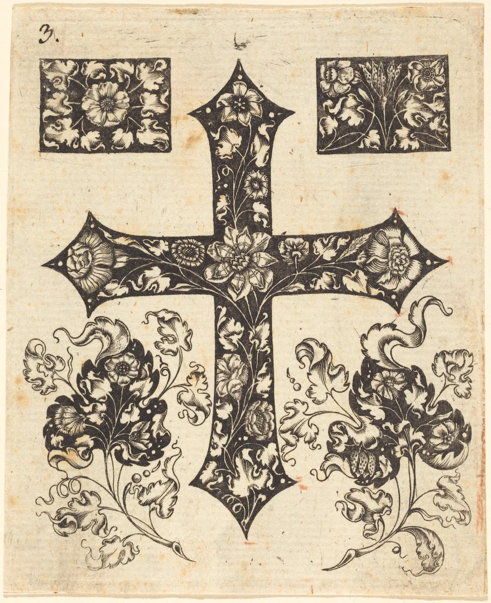 Cross Embellished with Flowers by Johannes Hanias, print, 1574-1710