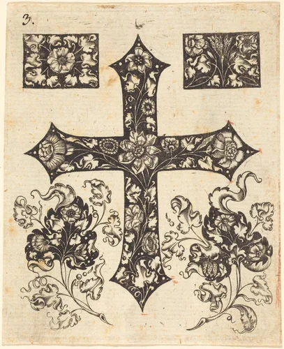 Cross Embellished with Flowers by Johannes Hanias, print, 1574-1710