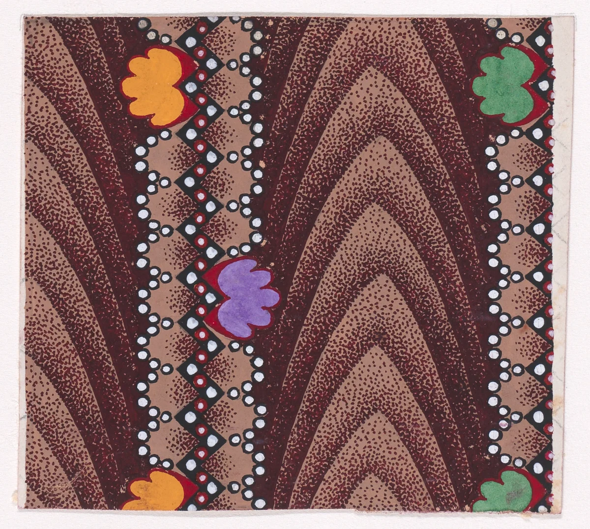 Textile Design with Vertical Ribbons Framed by Undulating Strips of Pearls and with a Zig-Zagging Strip of Pearls with Alternating Rosettes Separated by Vertical Strips of Overlapping Scales by anonymous, drawing, 1840