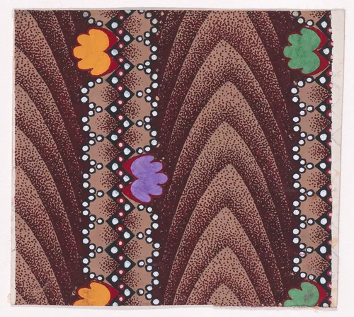 Textile Design with Vertical Ribbons Framed by Undulating Strips of Pearls and with a Zig-Zagging Strip of Pearls with Alternating Rosettes Separated by Vertical Strips of Overlapping Scales by anonymous, drawing, 1840