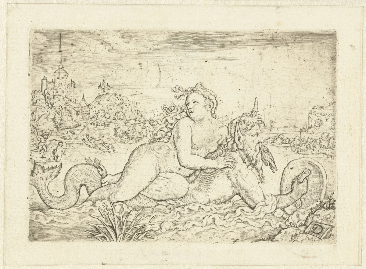 Amymone meegenomen op de rug van zeegod by anonymous, print, 1500-1578