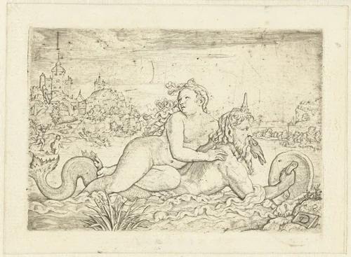 Amymone meegenomen op de rug van zeegod by anonymous, print, 1500-1578