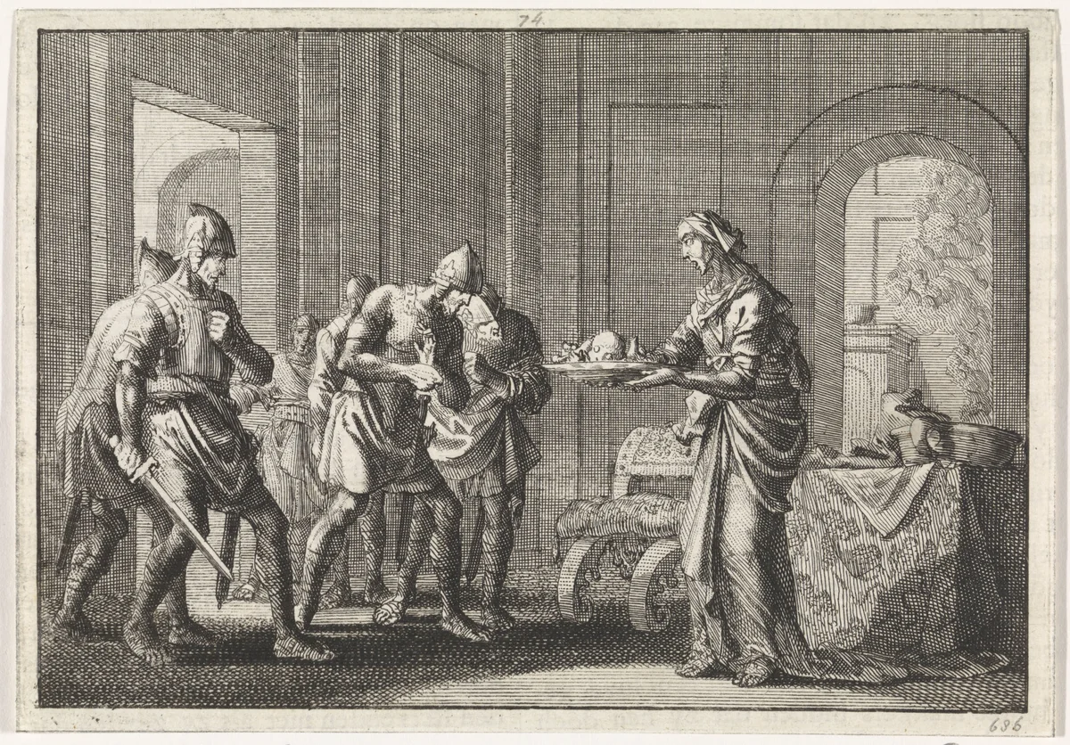 Moeder toont krijgslieden de resten van haar opgegeten kind tijdens de hongersnood in Jeruzalem by Jan Luyken, print, 1704