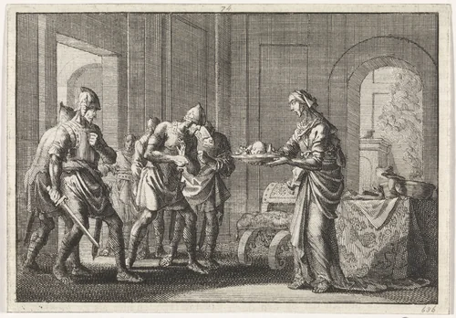 Moeder toont krijgslieden de resten van haar opgegeten kind tijdens de hongersnood in Jeruzalem by Jan Luyken, print, 1704