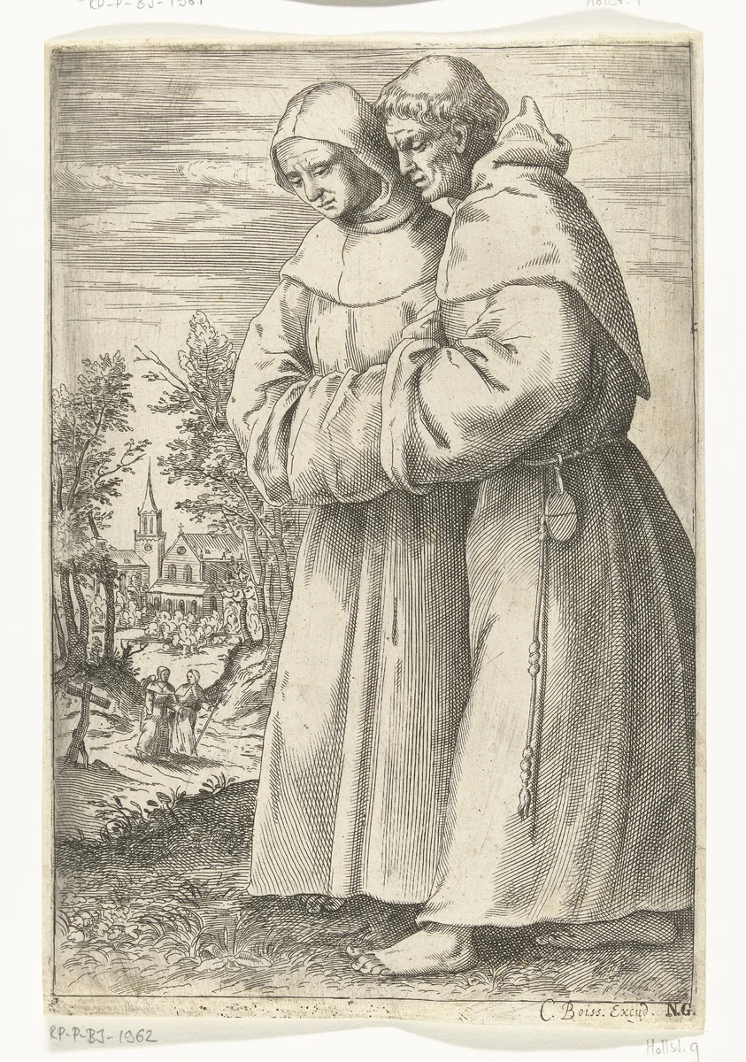 Twee lopende monniken by Unknown, print, 1593-1634