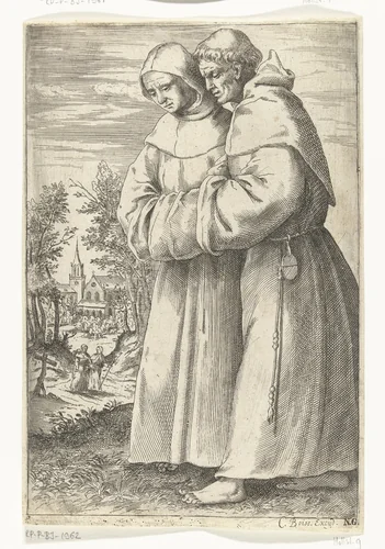 Twee lopende monniken by Unknown, print, 1593-1634