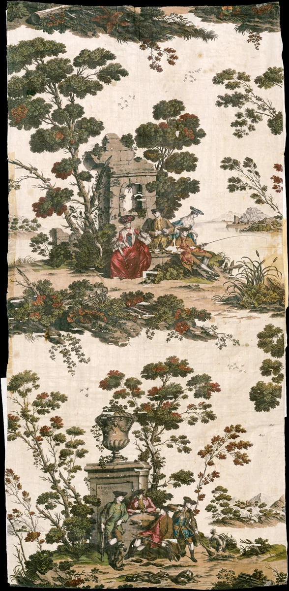 Hunting and fishing scenes by Robert Jones, textile, 1769