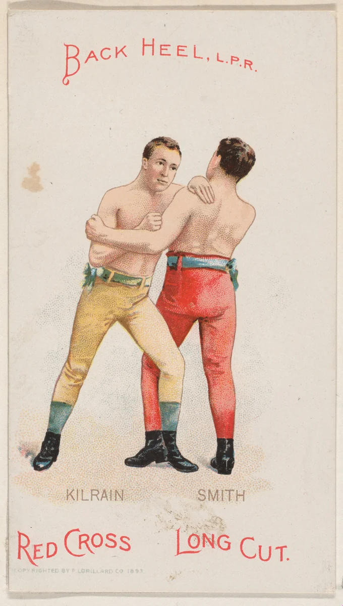 Back Heel, L.P.R., Jake Kilrain and Jem Smith, from the Boxing Positions and Boxers series (N266) issued by P. Lorillard Company to promote Red Cross Long Cut Tobacco by P. Lorillard Company, print, 1893