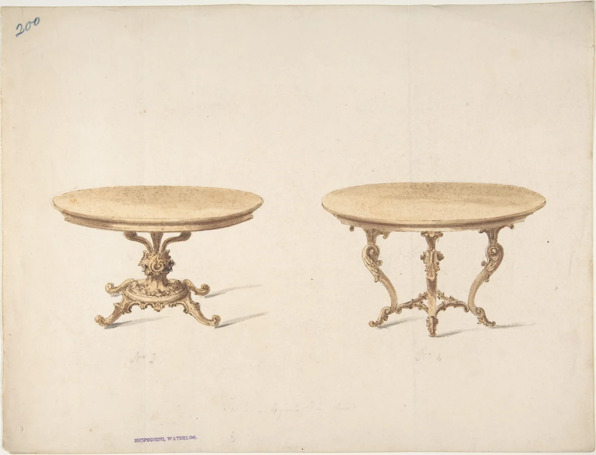 Designs for Two Round Tables by anonymous, drawing, 1815-1840