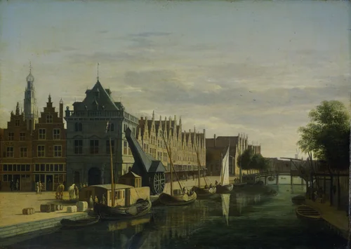 De Waag (Weighing House) and Crane on the Spaarne, Haarlem by Gerrit Berckheyde, painting, 1660-1698
