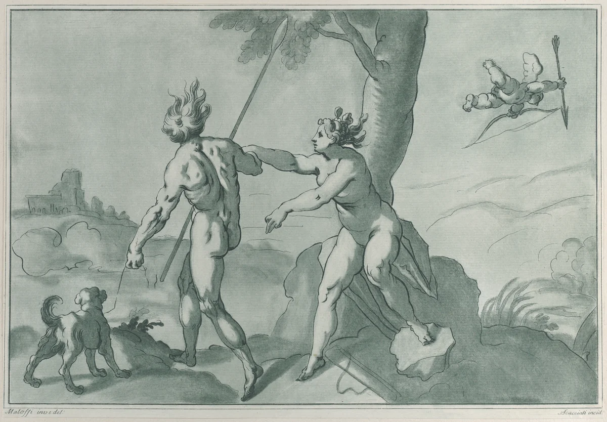 Venus and Adonis (?), nude in a landscape with a dog at left and Cupid at upper right by Andrea Scacciati, print, 1750-1770