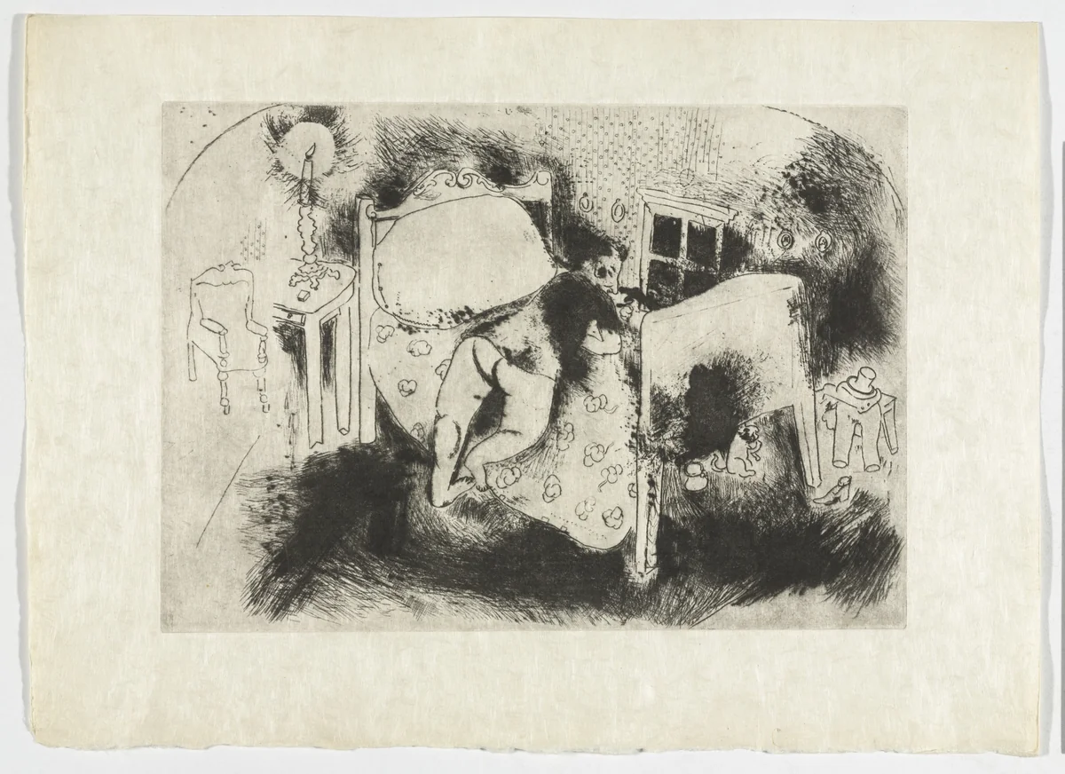 Tchitchikov on the Bed (Tchitchikov sur le lit), plate XVI (supplementary suite) from Les Âmes mortes by Marc Chagall, illustrated book, 1923
