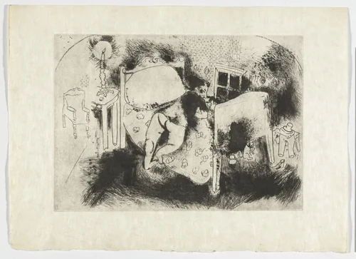 Tchitchikov on the Bed (Tchitchikov sur le lit), plate XVI (supplementary suite) from Les Âmes mortes by Marc Chagall, illustrated book, 1923