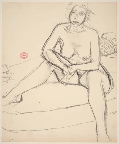 Untitled [female nude with clasped hands sitting on a bed] by Richard Diebenkorn, drawing, 1955-1967