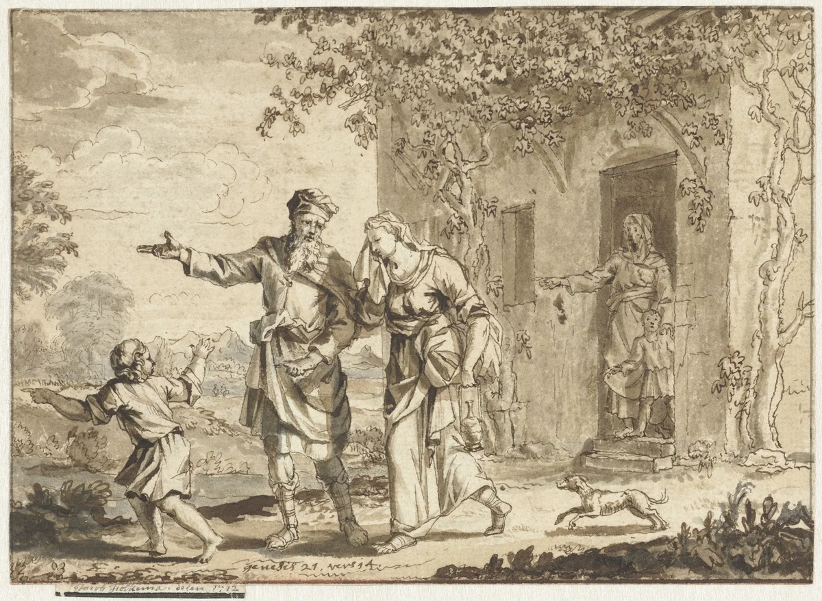 Abraham verdrijft Hagar en Ismaël by Jacob Folkema, drawing, 1712