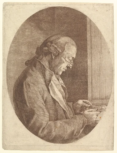 Portrait of an Artist Sketching a Portrait Miniature by Franz Predl, print, 1799