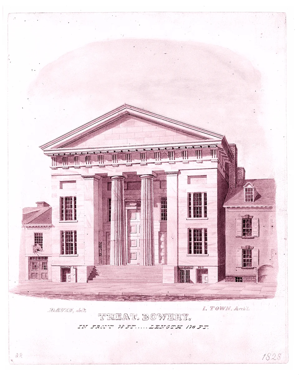 New Bowery Theatre, Elizabeth Street Facade, New York by Alexander Jackson Davis, drawing, 1828