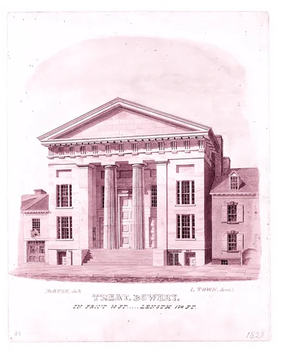 New Bowery Theatre, Elizabeth Street Facade, New York by Alexander Jackson Davis, drawing, 1828